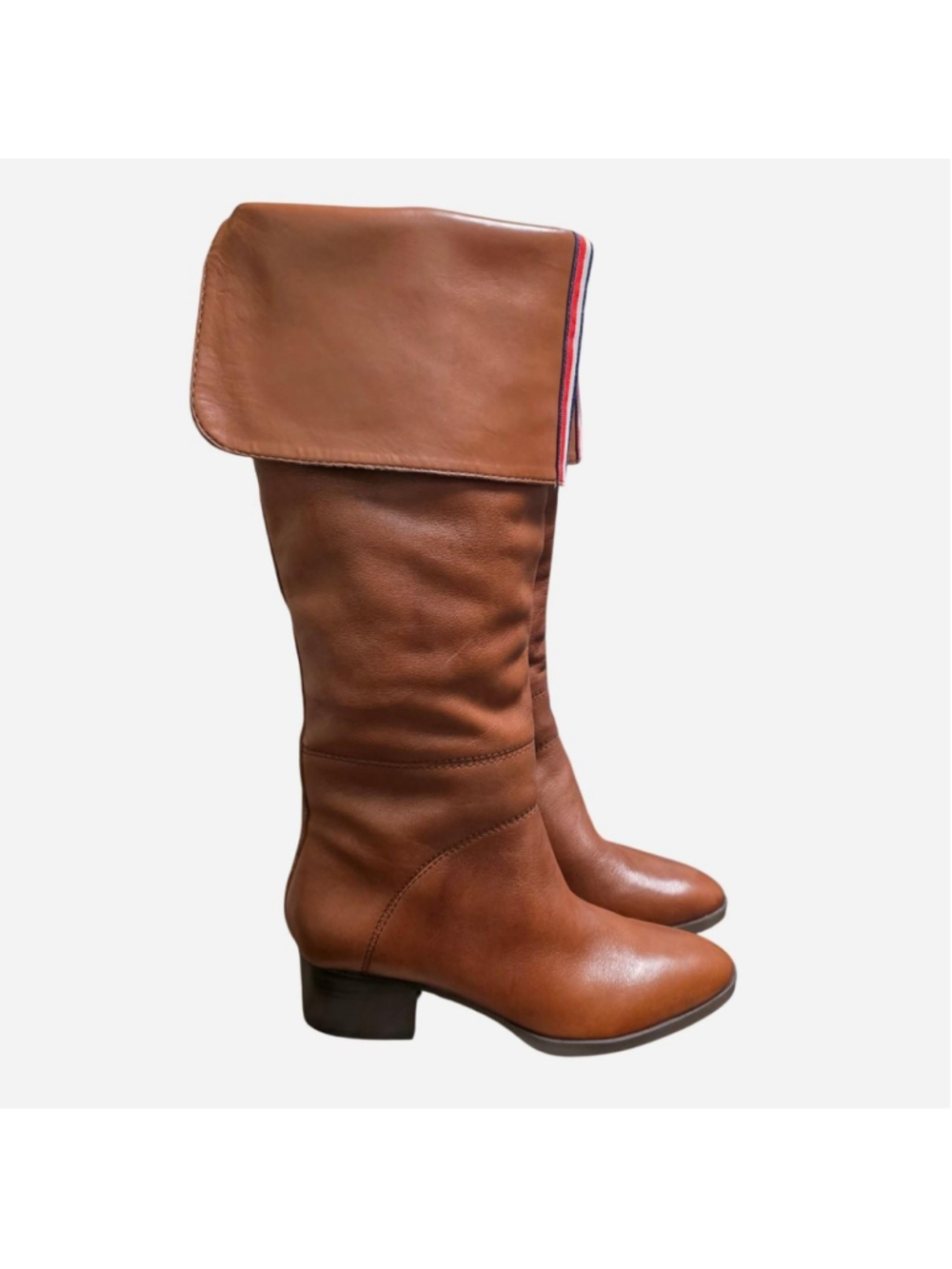 Tommy Hilfiger fold-over tan leather knee-high boots #kneehigh #leather